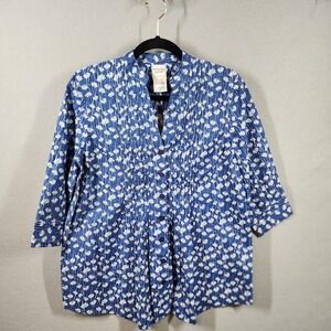 Scandia Woods Shirt‎ Womens Small Blue White Floral Button Up 3/4 Sleeve Cotton